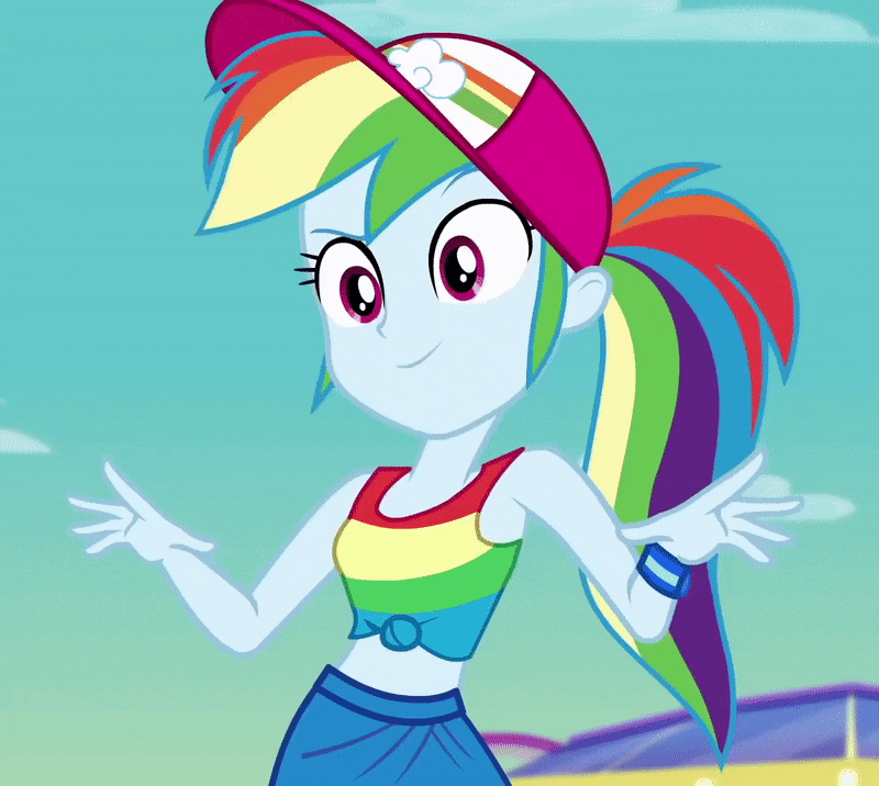 Size: 800x716 | Tagged: safe, screencap, character:rainbow dash, equestria girls:spring breakdown, g4, my little pony:equestria girls, animated, baseball cap, cap, clothing, cropped, cute, dashabetes, front knot midriff, geode of super speed, gif, hand, hat, magical geodes, midriff, ponytail