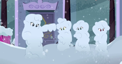 Size: 1512x795 | Tagged: safe, screencap, character:applejack, character:fluttershy, character:rainbow dash, character:rarity, episode:street chic, g4, my little pony:equestria girls, cold weather, covered, cropped, female, huggable, snow, snow-covered applejack, snow-covered fluttershy, snow-covered rainbow dash, snow-covered rarity, winter