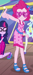 Size: 484x1076 | Tagged: safe, screencap, character:pinkie pie, character:rarity, character:twilight sparkle, character:twilight sparkle (scitwi), species:eqg human, episode:i'm on a yacht, g4, my little pony:equestria girls, cropped, female, geode of sugar bombs, glasses, heart shaped glasses, legs, magical geodes, open-toed shoes, sleeveless, sunglasses, swag