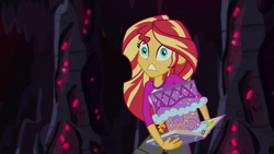 Size: 1920x1080 | Tagged: safe, screencap, character:sunset shimmer, equestria girls:legend of everfree, g4, my little pony:equestria girls, book, cake, cave, clothing, crystal gala, faec, food, journal, shock, shorts, solo