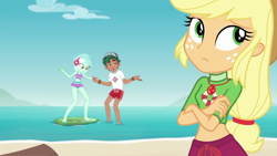 Size: 1280x720 | Tagged: safe, screencap, character:applejack, character:lyra heartstrings, character:timber spruce, episode:turf war, g4, my little pony:equestria girls, barefoot, cap, clothing, crossed arms, feet, geode of super strength, hat, legs, lifeguard, lifeguard applejack, lifeguard timber, magical geodes, male, midriff, ocean, shorts, surfboard