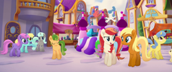 Size: 1920x804 | Tagged: safe, screencap, character:apple cobbler, character:dawn sunrays, character:pound cake, character:spike, species:earth pony, species:pony, species:unicorn, my little pony: the movie (2017), apple family member, background pony, bouncy castle, bow, bunny moon, canterlot, dreamworks face, female, friendship festival, hair bow, mare, market, silver dust, star skipper, tail bow, unnamed pony