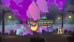 Size: 1440x810 | Tagged: safe, screencap, species:classical hippogriff, species:hippogriff, episode:a rockhoof and a hard place, g4, my little pony: friendship is magic, background hippogriff, clothing, harbor, junk (ship), lantern, night, pier, ship, uniform, unnamed hippogriff
