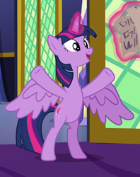 Size: 614x775 | Tagged: safe, screencap, character:twilight sparkle, character:twilight sparkle (alicorn), species:alicorn, species:pony, episode:shadow play, g4, my little pony: friendship is magic, bipedal, cropped, cute, female, glowing horn, happy, levitation, magic, paper, parchment, solo, spread wings, telekinesis, twiabetes, twilight's castle, wings