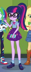 Size: 362x845 | Tagged: safe, screencap, character:applejack, character:rainbow dash, character:twilight sparkle, character:twilight sparkle (scitwi), species:eqg human, equestria girls:forgotten friendship, g4, my little pony:equestria girls, ball, book, boots, clothing, converse, cowboy boots, cropped, cute, female, football, geode of telekinesis, glasses, legs, magical geodes, offscreen character, pants, ponytail, shoes, skirt, smiling, sneakers, socks, sports, twiabetes, waving