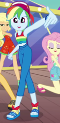 Size: 512x1048 | Tagged: safe, screencap, character:applejack, character:fluttershy, character:rainbow dash, character:sunset shimmer, episode:i'm on a yacht, g4, my little pony:equestria girls, cap, clothing, cropped, feet, female, hat, legs, midriff, offscreen character, open-toed shoes, pants, sandals, shorts, sleeveless, smiling, tank top