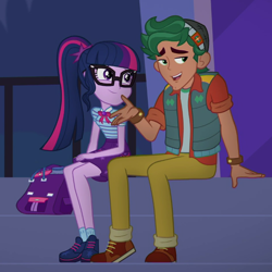 Size: 630x630 | Tagged: safe, screencap, character:timber spruce, character:twilight sparkle, character:twilight sparkle (scitwi), species:eqg human, episode:star crossed, g4, my little pony:equestria girls, backpack, clothing, cropped, female, geode of telekinesis, glasses, magical geodes, male, pants, ponytail, shoes, skirt, smiling, vest