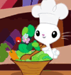 Size: 100x106 | Tagged: safe, screencap, character:angel bunny, episode:the ticket master, g4, my little pony: friendship is magic, animated, chef's hat, clothing, cropped, food, gif, gif for breezies, golden oaks library, hat, picture for breezies, salad, solo