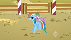 Size: 1920x1080 | Tagged: safe, screencap, character:rainbow dash, character:spike, species:pony, episode:fall weather friends, g4, my little pony: friendship is magic, hub logo