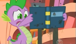Size: 572x335 | Tagged: safe, screencap, character:spike, species:dragon, episode:owl's well that ends well, g4, my little pony: friendship is magic, book, cropped, golden oaks library, hub logo, solo