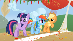 Size: 2560x1440 | Tagged: safe, screencap, character:applejack, character:rainbow dash, character:twilight sparkle, species:pony, episode:fall weather friends, g4, my little pony: friendship is magic, ei, female, hub logo, trio, trio female