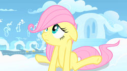 Size: 1280x720 | Tagged: safe, screencap, character:fluttershy, species:pony, episode:the cutie mark chronicles, g4, my little pony: friendship is magic, cloudsdale, female, filly, filly fluttershy, solo, younger