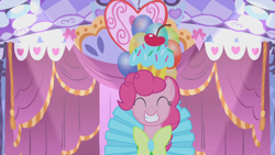 Size: 1280x720 | Tagged: safe, screencap, character:pinkie pie, species:pony, episode:suited for success, g4, my little pony: friendship is magic, clothing, dress, eyes closed, smiling, solo