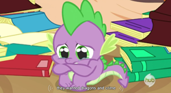 Size: 846x461 | Tagged: safe, screencap, character:spike, species:dragon, episode:dragon quest, g4, my little pony: friendship is magic, book, crime, hub logo, male, sad, sitting, solo, youtube caption