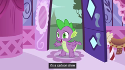 Size: 640x360 | Tagged: safe, screencap, character:spike, species:dragon, episode:suited for success, g4, my little pony: friendship is magic, caption, carousel boutique, fourth wall, male, solo, youtube caption