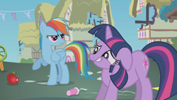 Size: 1280x720 | Tagged: safe, screencap, character:rainbow dash, character:twilight sparkle, episode:swarm of the century, g4, my little pony: friendship is magic, apple, floppy ears, food, rainbow dash is not amused, sheepish grin, unamused