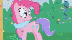 Size: 1280x720 | Tagged: safe, screencap, character:pinkie pie, species:pony, episode:the ticket master, g4, my little pony: friendship is magic, confetti, cute, diapinkes, pin the tail on the pony, solo