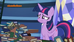 Size: 1148x646 | Tagged: safe, screencap, character:twilight sparkle, character:twilight sparkle (alicorn), species:alicorn, species:pony, episode:father knows beast, g4, my little pony: friendship is magic, book, crying, nickelodeon, sad, solo