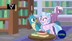 Size: 1920x1080 | Tagged: safe, screencap, character:gallus, character:loganberry, character:silverstream, species:pony, episode:a matter of principals, g4, my little pony: friendship is magic, book, bookshelf, friendship student, shipping fuel