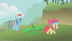 Size: 1280x720 | Tagged: safe, screencap, character:apple bloom, character:rainbow dash, species:earth pony, species:pegasus, species:pony, episode:call of the cutie, g4, my little pony: friendship is magic, duo, duo female, female, filly, headband, kite, mare, whistle, whistle necklace