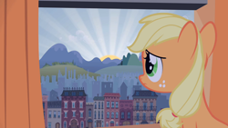 Size: 1280x720 | Tagged: safe, screencap, character:applejack, species:pony, episode:the cutie mark chronicles, g4, my little pony: friendship is magic, female, filly, filly applejack, manehattan, solo, younger