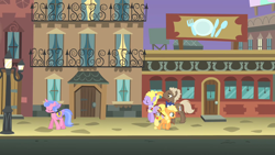 Size: 1280x720 | Tagged: safe, screencap, character:applejack, character:lyrica lilac, character:royal ribbon, character:sealed scroll, species:earth pony, species:pony, species:unicorn, episode:the cutie mark chronicles, g4, my little pony: friendship is magic, female, filly, filly applejack, male, manehattan, mare, stallion, younger