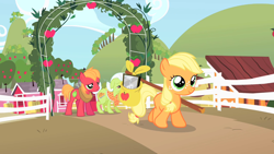 Size: 1280x720 | Tagged: safe, screencap, character:applejack, character:big mcintosh, character:granny smith, species:earth pony, species:pony, episode:the cutie mark chronicles, g4, my little pony: friendship is magic, bindle, blank flank, colt, colt big macintosh, cute, female, filly, filly applejack, freckles, jackabetes, male, sad, smiling, sweet apple acres, younger