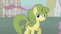 Size: 1280x720 | Tagged: safe, screencap, character:carrot top, character:golden harvest, species:earth pony, species:pony, episode:boast busters, g4, my little pony: friendship is magic, background pony, carrot top is not amused, female, green hair, green mane, mare, palette swap, raised hoof, recolor, solo focus, unamused