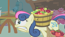 Size: 1280x720 | Tagged: safe, screencap, character:bon bon, character:sweetie drops, species:pony, episode:call of the cutie, g4, my little pony: friendship is magic, apple, bag, basket, buy some apples, food, solo