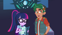 Size: 1280x720 | Tagged: safe, screencap, character:timber spruce, character:twilight sparkle, character:twilight sparkle (scitwi), species:eqg human, episode:star crossed, g4, my little pony:equestria girls, clothing, female, geode of telekinesis, glasses, hat, magical geodes, male, map, ponytail, vest