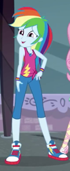 Size: 214x517 | Tagged: safe, screencap, character:fluttershy, character:rainbow dash, episode:street chic, g4, my little pony:equestria girls, clothing, converse, female, geode of super speed, legs, magical geodes, mirrored, offscreen character, pants, shoes, sleeveless, sneakers, tank top