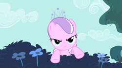 Size: 1280x720 | Tagged: safe, screencap, character:diamond tiara, species:earth pony, species:pony, episode:flight to the finish, g4, my little pony: friendship is magic, angry, female, filly, flower, frown, jewelry, looking at you, tiara