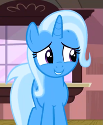Size: 683x833 | Tagged: safe, screencap, character:trixie, species:pony, species:unicorn, episode:all bottled up, g4, my little pony: friendship is magic, cropped, cute, diatrixes, female, front view, horn, looking away, mare, missing accessory, outdoors, sheepish grin, solo, standing, train station