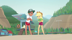 Size: 1920x1080 | Tagged: safe, screencap, character:applejack, character:timber spruce, episode:turf war, g4, my little pony:equestria girls, beach, geode of super strength, lifeguard, lifeguard applejack, lifeguard timber, magical geodes