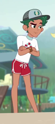 Size: 373x836 | Tagged: safe, screencap, character:timber spruce, episode:turf war, g4, my little pony:equestria girls, cap, clothing, cropped, crossed arms, hat, legs, lifeguard, lifeguard timber, male, shorts, smiling