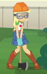 Size: 514x810 | Tagged: safe, screencap, character:applejack, episode:diy with applejack, g4, my little pony:equestria girls, axe, belt, boots, clothing, cowboy boots, cropped, denim skirt, female, freckles, geode of super strength, gloves, goggles, helmet, legs, magical geodes, skirt, weapon