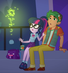 Size: 661x710 | Tagged: safe, screencap, character:timber spruce, character:twilight sparkle, character:twilight sparkle (scitwi), species:eqg human, episode:star crossed, g4, my little pony:equestria girls, backpack, clothing, coffee, cropped, female, firefly, glasses, legs, male, pants, ponytail, shoes, sitting, vest