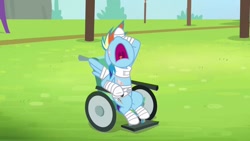 Size: 1024x576 | Tagged: safe, screencap, character:rainbow dash, species:pony, episode:rainbow falls, g4, my little pony: friendship is magic, bandage, open mouth, pretending, solo, volumetric mouth, wheelchair