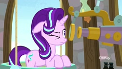 Size: 1920x1080 | Tagged: safe, screencap, character:starlight glimmer, species:pony, species:unicorn, episode:a matter of principals, g4, my little pony: friendship is magic, female, floppy ears, mare, one eye closed, solo, telescope