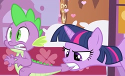 Size: 1174x715 | Tagged: safe, screencap, character:spike, character:twilight sparkle, episode:green isn't your color, g4, my little pony: friendship is magic, bed, biting, mirrored, tail, tail bite, tail pull