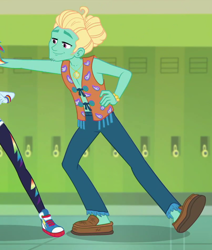 Size: 802x945 | Tagged: safe, screencap, character:rainbow dash, character:zephyr breeze, episode:overpowered, g4, my little pony:equestria girls, arms, canterlot high, clothing, converse, cropped, hair bun, hippie, lockers, male, manbun, moccasins, no socks, offscreen character, pants, shoes, smiling, sneakers, zephyr's necklace