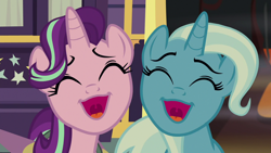 Size: 1280x720 | Tagged: safe, screencap, character:starlight glimmer, character:trixie, species:pony, species:unicorn, episode:on the road to friendship, cute, diatrixes, duo, eyes closed, female, glimmerbetes, mare, open mouth, trixie's wagon
