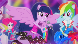 Size: 1920x1080 | Tagged: safe, screencap, character:pinkie pie, character:rainbow dash, character:rarity, character:twilight sparkle, character:twilight sparkle (alicorn), species:alicorn, species:pony, episode:a perfect day for fun, equestria girls:rainbow rocks, g4, my little pony:equestria girls, drums, guitar, microphone, ponied up, singing, wings