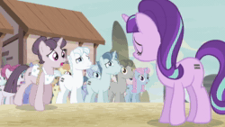 Size: 1280x720 | Tagged: safe, screencap, character:double diamond, character:dusk drift, character:party favor, character:rosemary, character:starlight glimmer, character:sugar belle, species:earth pony, species:pegasus, species:pony, species:unicorn, episode:the cutie map, g4, my little pony: friendship is magic, animated, background pony, close-up, desert, house, moon dust, our town, rock, s5 starlight, sky, sound, villainous breakdown, webm