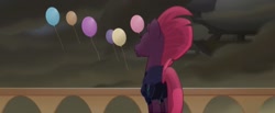Size: 1331x551 | Tagged: safe, screencap, character:tempest shadow, species:pony, species:unicorn, my little pony: the movie (2017), armor, balcony, balloon, broken horn, canterlot castle, cloud, cloudy, conquest, dissatisfied, faceless female, female, horn, looking up, mare, mohawk, offscreen character, rear view, solo