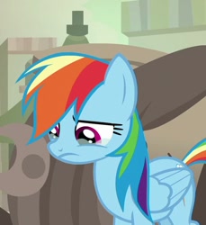 Size: 656x715 | Tagged: safe, screencap, character:rainbow dash, species:pegasus, species:pony, episode:daring done, cropped, crying, female, folded wings, frown, looking down, mare, sad, sad eyes, solo, teary eyes, upset