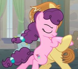 Size: 979x869 | Tagged: safe, screencap, character:feather bangs, character:sugar belle, species:pony, episode:hard to say anything, g4, my little pony: friendship is magic, bipedal, cropped, dancing, eyes closed, female, holding hooves, male, unamused
