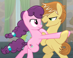 Size: 1132x897 | Tagged: safe, screencap, character:feather bangs, character:sugar belle, species:pony, episode:hard to say anything, g4, my little pony: friendship is magic, bipedal, cropped, dancing, female, holding hooves, lidded eyes, looking at each other, male, open eyes, unamused