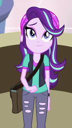 Size: 608x1080 | Tagged: safe, screencap, character:starlight glimmer, equestria girls:mirror magic, g4, my little pony:equestria girls, bag, beanie, clothing, cropped, cute, eyeshadow, female, glimmerbetes, hat, lidded eyes, looking at you, looking up, looking up at you, makeup, redemption, smiling, solo