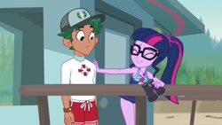 Size: 1280x720 | Tagged: safe, screencap, character:timber spruce, character:twilight sparkle, character:twilight sparkle (scitwi), species:eqg human, episode:unsolved selfie mysteries, g4, my little pony:equestria girls, cap, clothing, female, geode of telekinesis, glasses, hat, legs, lifeguard, lifeguard timber, magical geodes, male, ponytail, shorts, sleeveless, swimsuit